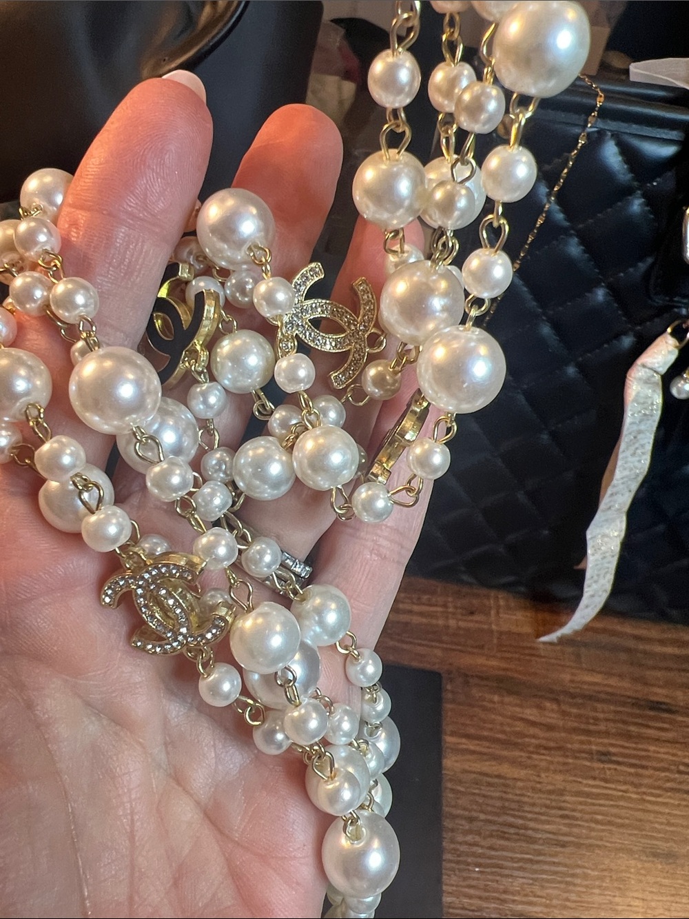 Gold-Tone & White Pearl Multi-Strand Necklace with Logo Charms